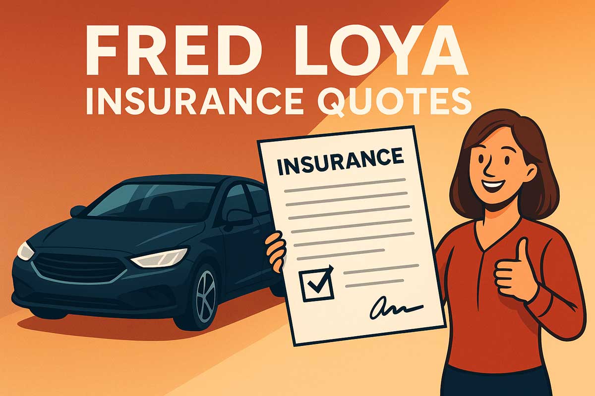 Illustration showing a smiling woman holding an insurance policy next to a dark blue sedan, with the text 'Fred Loya Insurance Quotes' above on a warm orange background.
