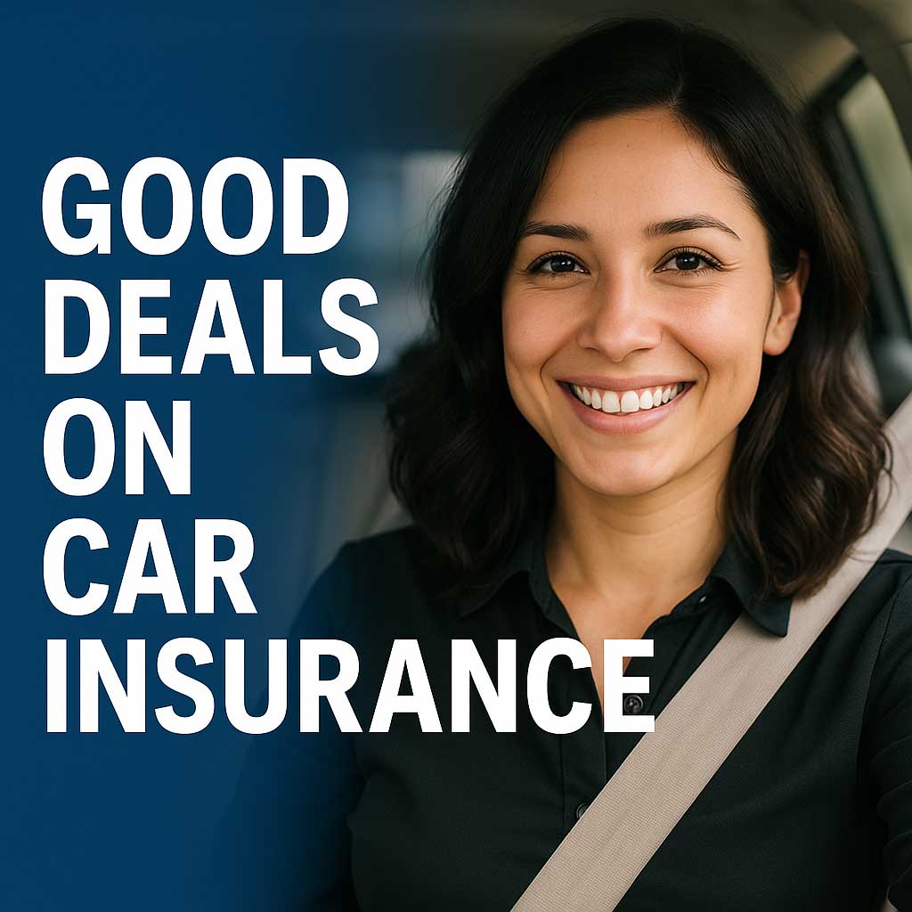 Smiling woman wearing a seatbelt inside a car, with bold white text on a blue background reading 'Good Deals on Car Insurance' to the left side of the image.