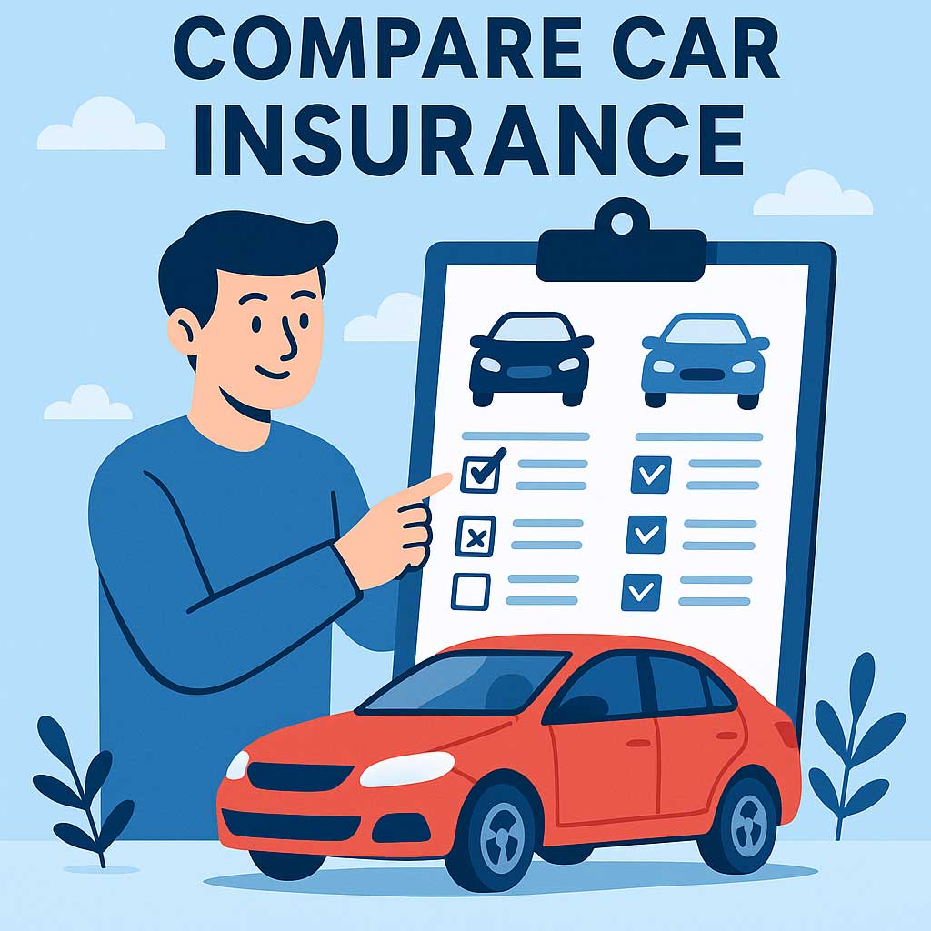 Illustration of a young man comparing two car insurance options on a clipboard, with a red car in the foreground and checkmarks and crosses highlighting features, set against a calm blue background.