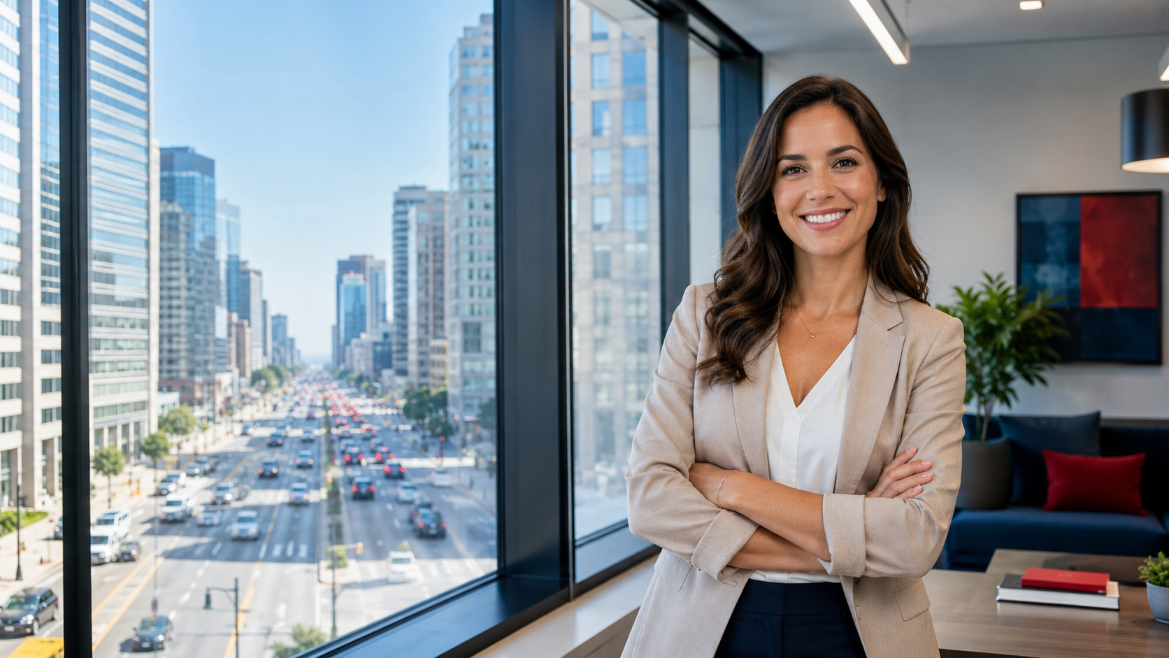 Smiling businesswoman standing in a modern office with large windows overlooking a busy city avenue filled with cars.
