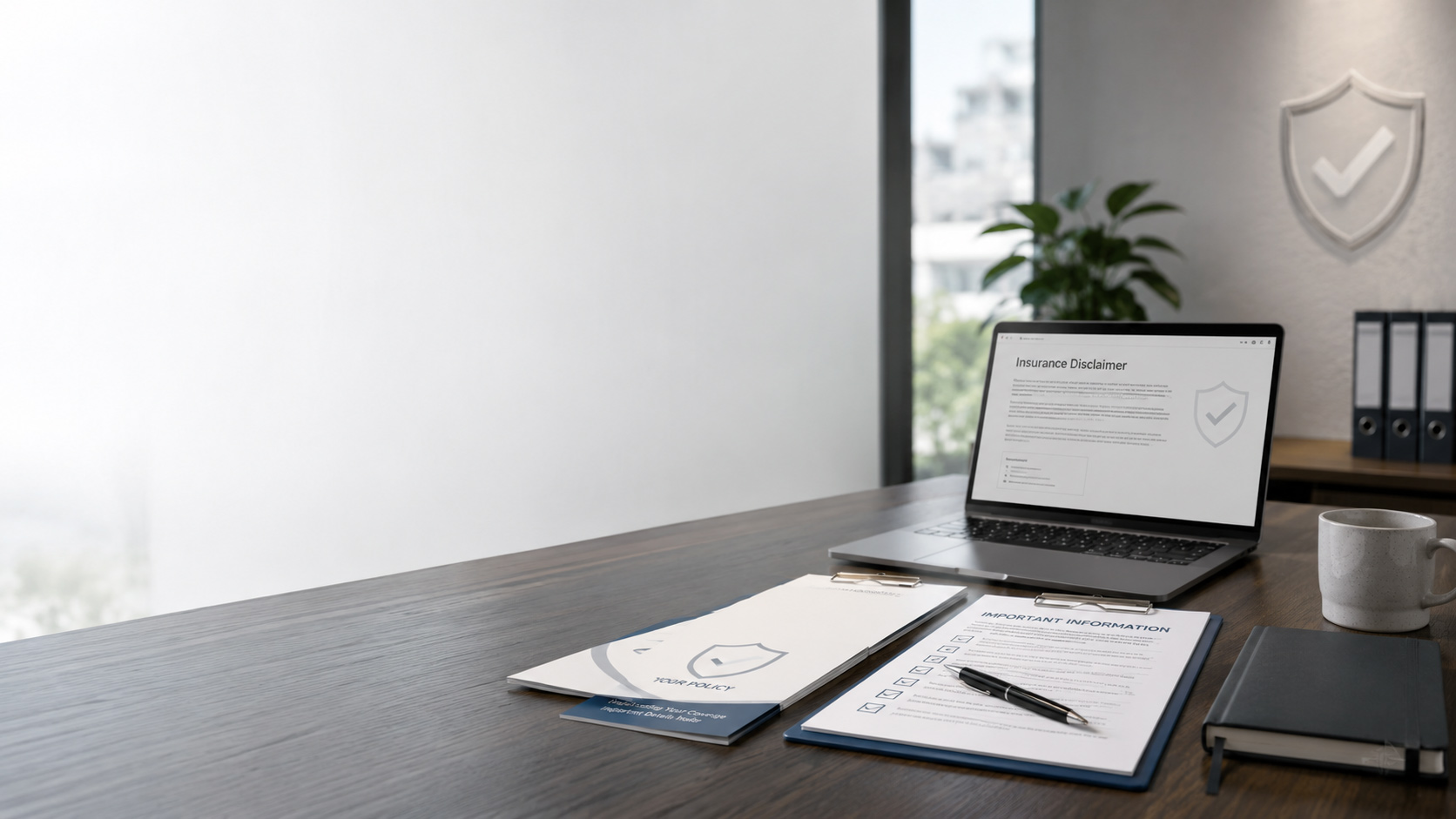 Insurance disclaimer documents on a modern office desk with a laptop and checklist