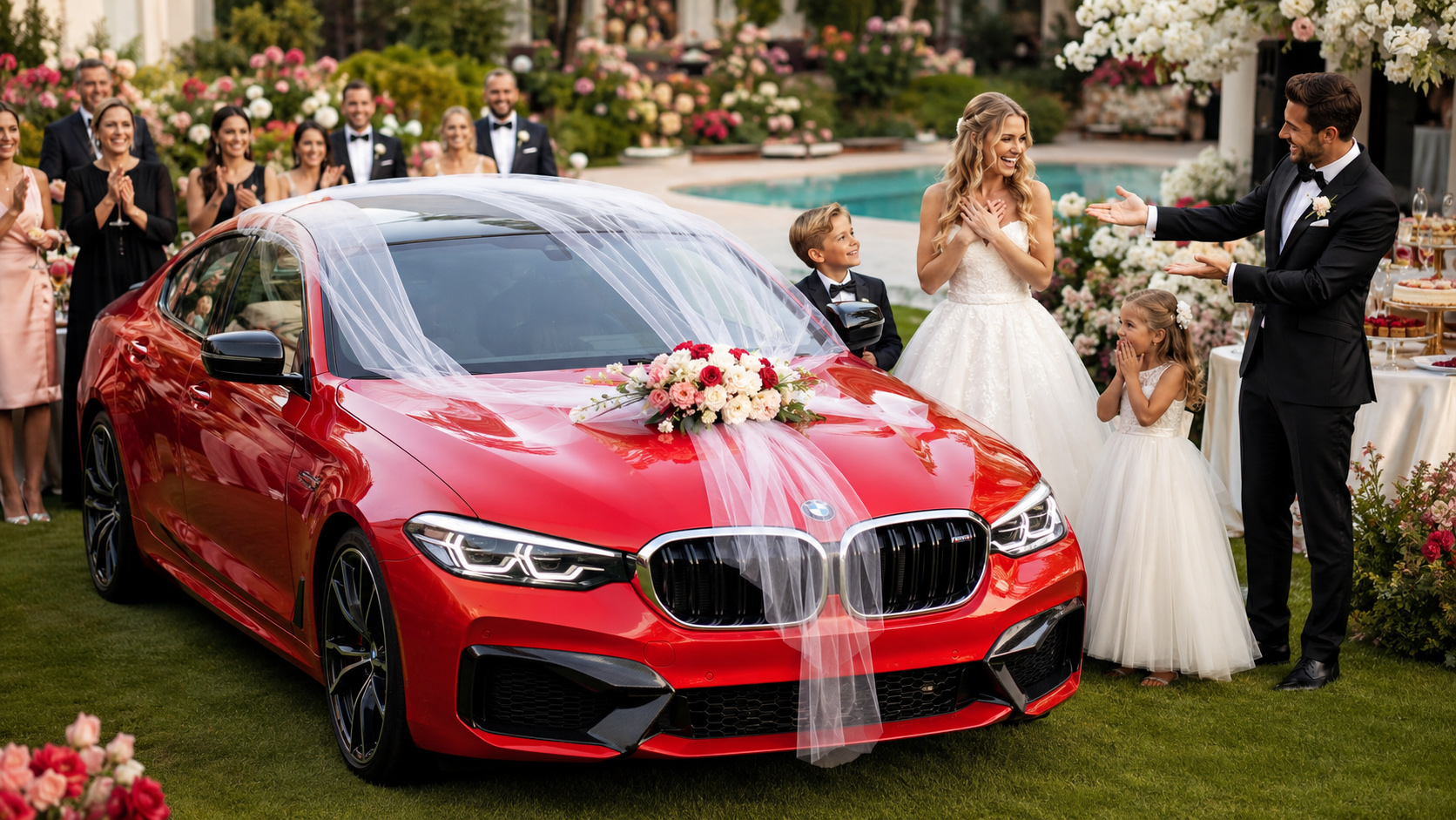 Bride in a wedding dress smiling next to a young boy and girl while her partner presents a red BMW as a surprise gift decorated with a bridal veil, set in a luxurious garden party with flowers, a swimming pool, guests, and elegant reception tables.